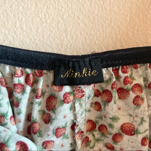 Minkie Strawberry Print Pattern Off the Shoulder Mini Dress Elastic Waist - Picture 4 of 7